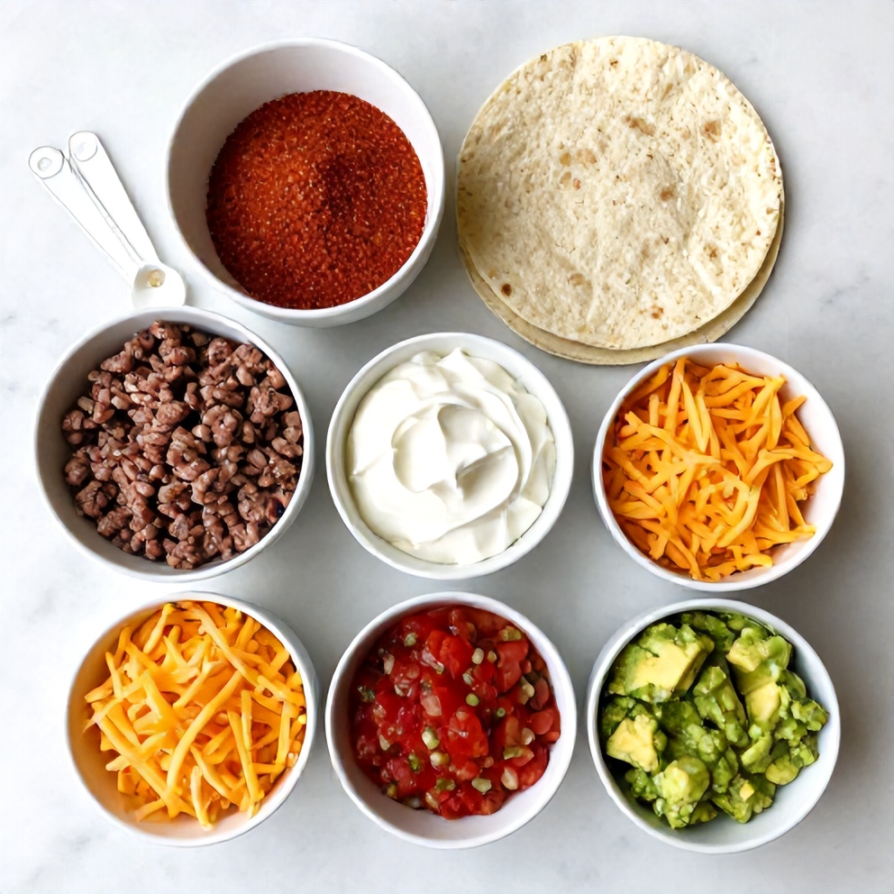 Raw ingredients for Copycat Taco Bell Meximelt arranged on a marble surface
