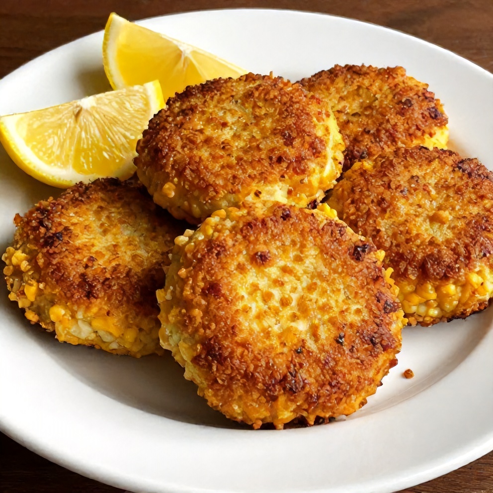 Plated cornbread stuffing crab cakes with lemon wedges