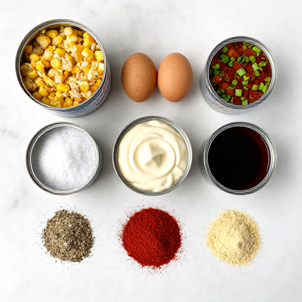 Raw ingredients for cornbread stuffing crab cakes on a marble surface