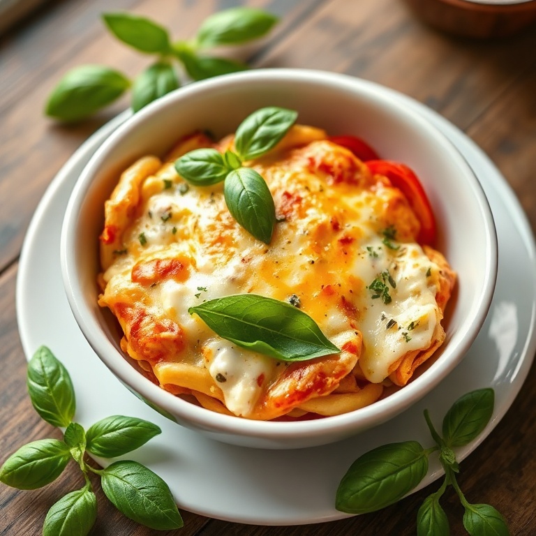 One serving of cottage cheese pizza bowl garnished with fresh basil in a white bowl on wooden surface
