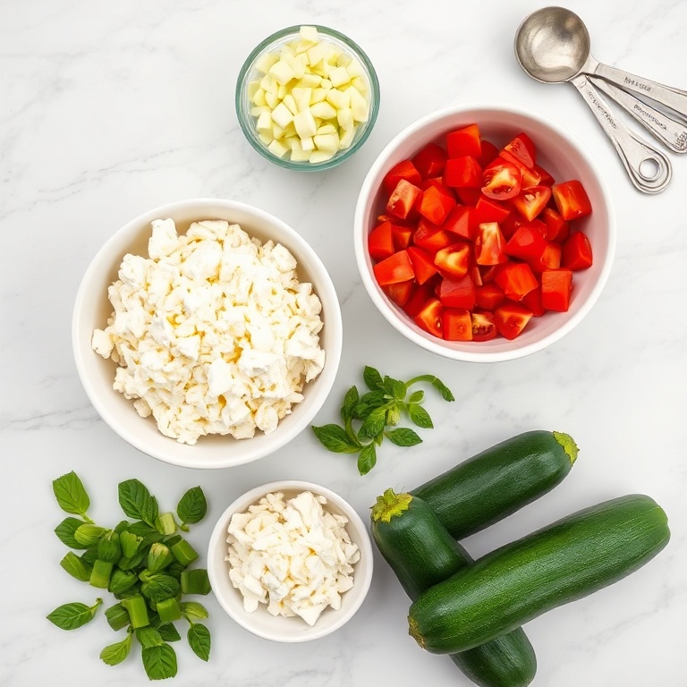 Overhead shot of raw cottage cheese, mozzarella, bell peppers, tomatoes, and Italian seasoning arranged with measuring spoons