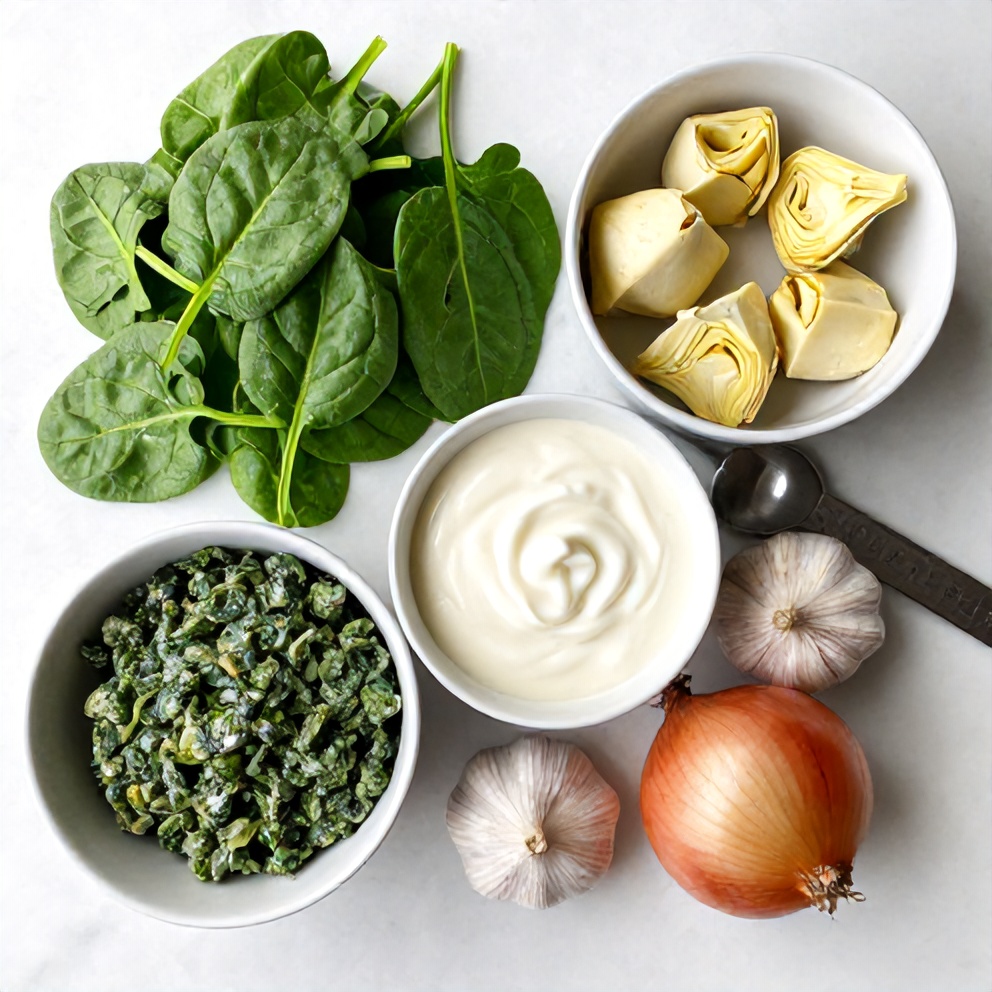 Raw ingredients for Creamed Spinach and Artichokes