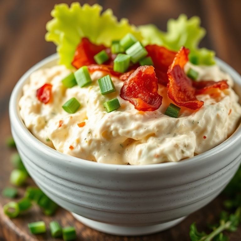 Final plated creamy BLT cottage cheese bowl garnished with chopped green onions served in a rustic bowl
