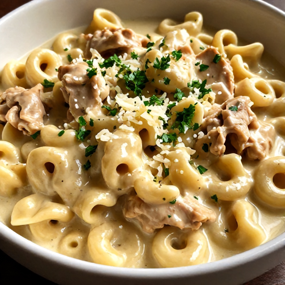Plated Creamy Crockpot Chicken Tortellini