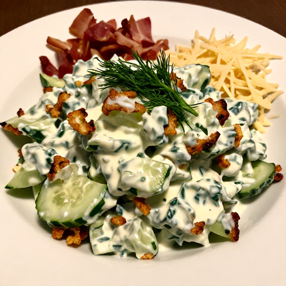 Plated creamy cucumber salad with a dollop of sour cream and fresh dill