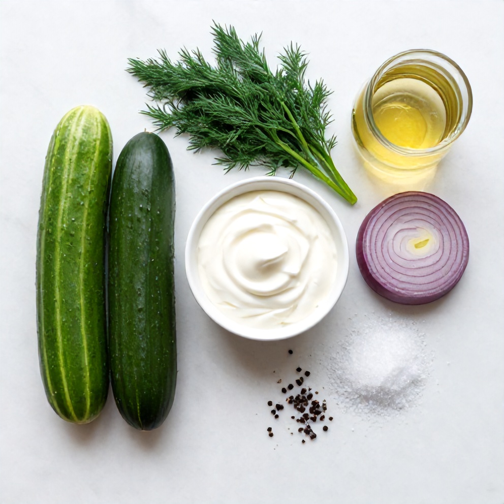 Raw ingredients for creamy cucumber salad including cucumbers, sour cream, and dill
