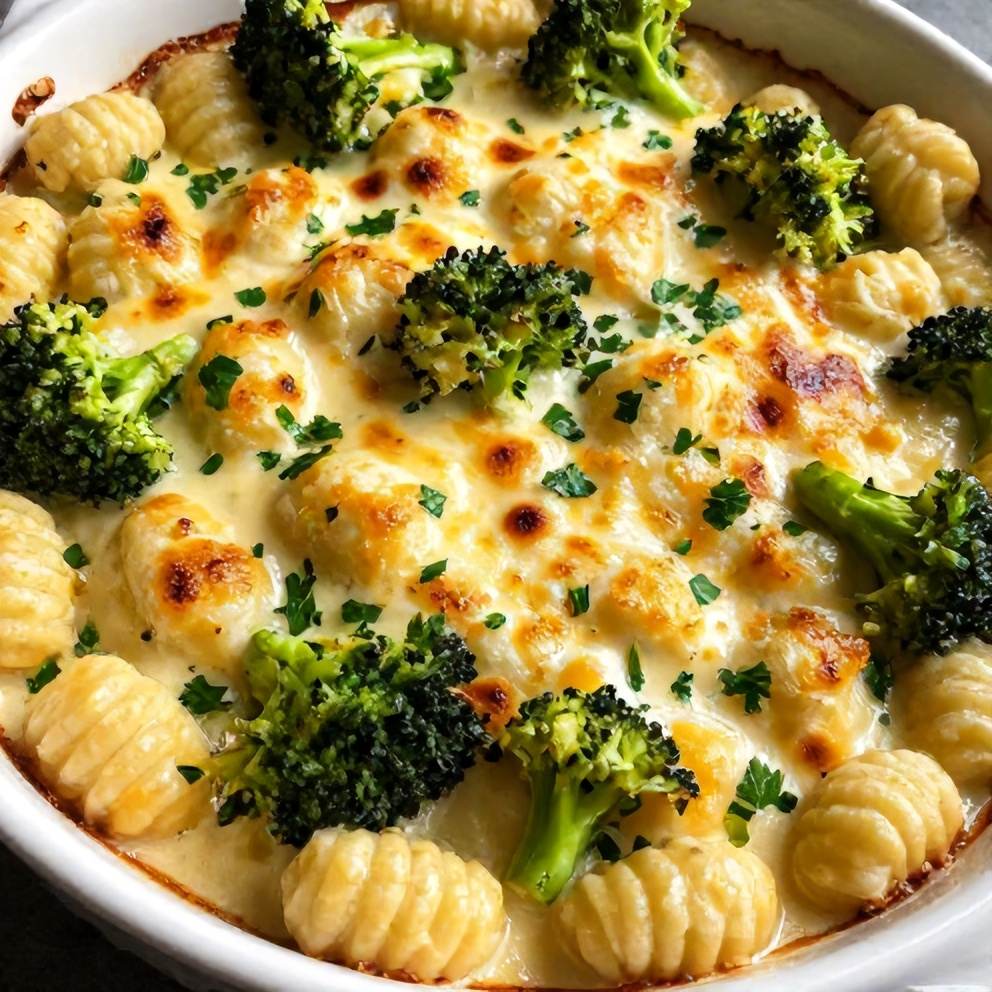 Plated serving of Gnocchi Broccoli Bake with fresh parsley garnish