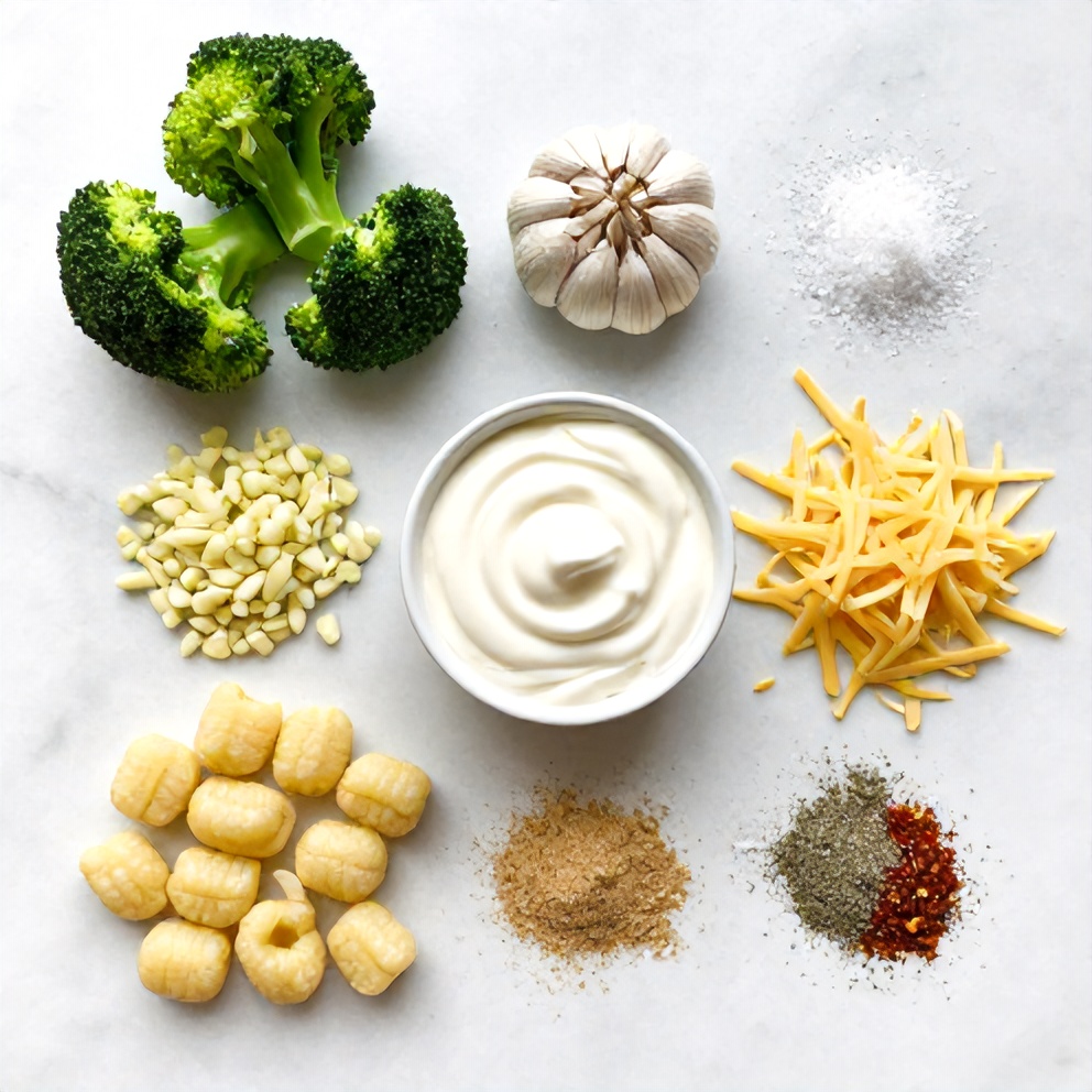Raw ingredients for Gnocchi Broccoli Bake: gnocchi, broccoli, garlic, heavy cream, cheese, etc.