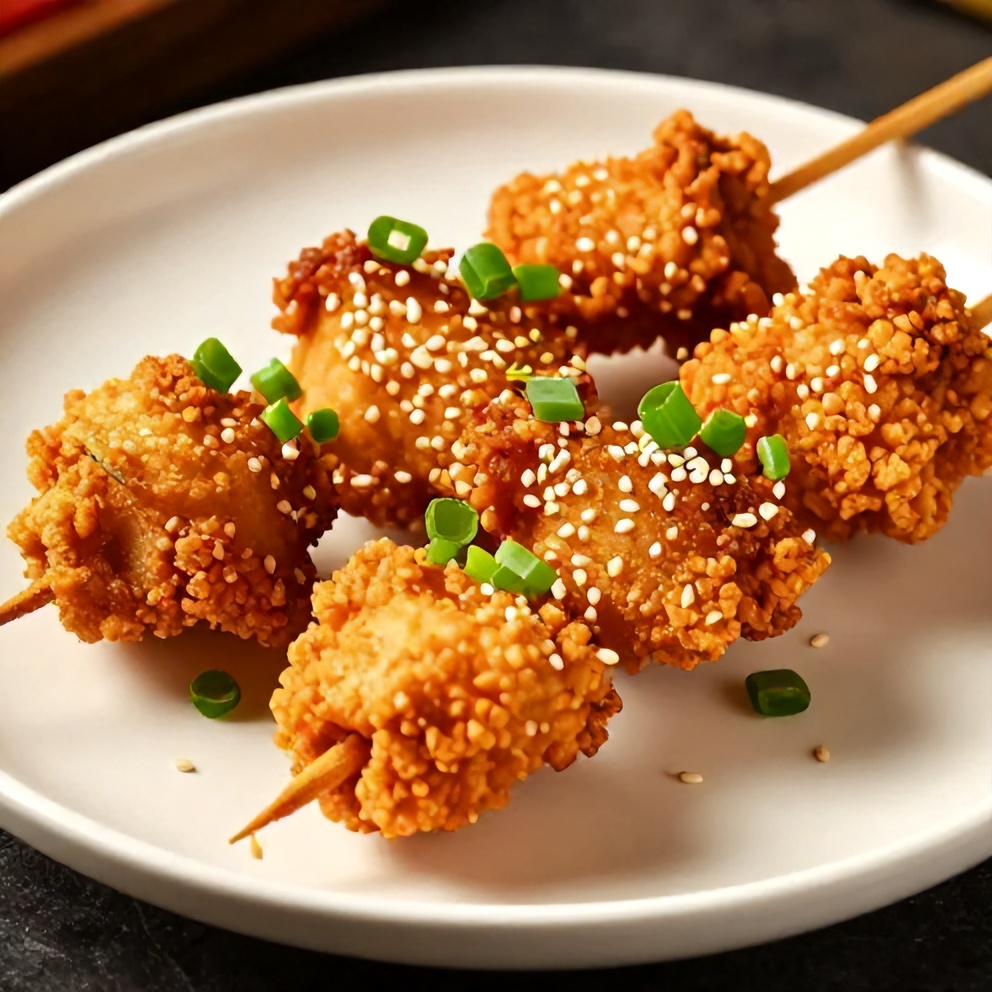 Plated serving of crispy bang bang chicken skewers