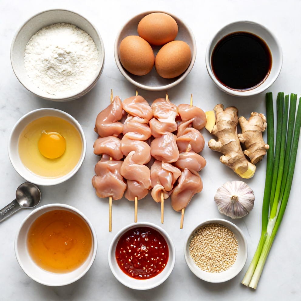 Raw ingredients for bang bang chicken skewers