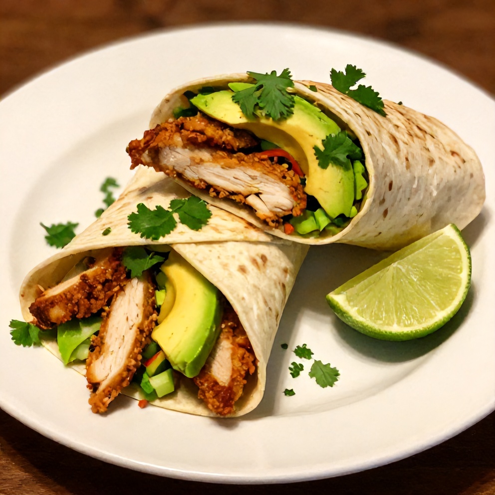 Plated Chicken Avocado Wrap on a white plate