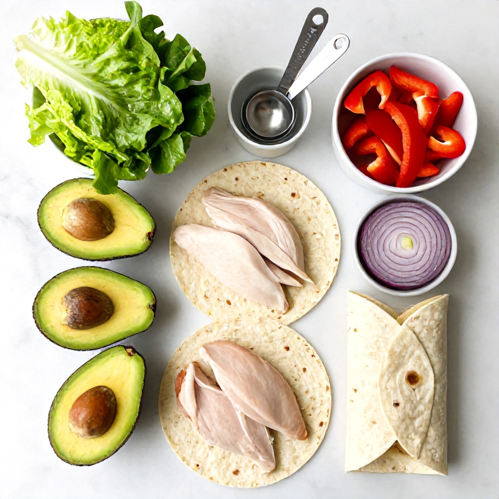 Raw ingredients for Chicken Avocado Wrap on a marble surface