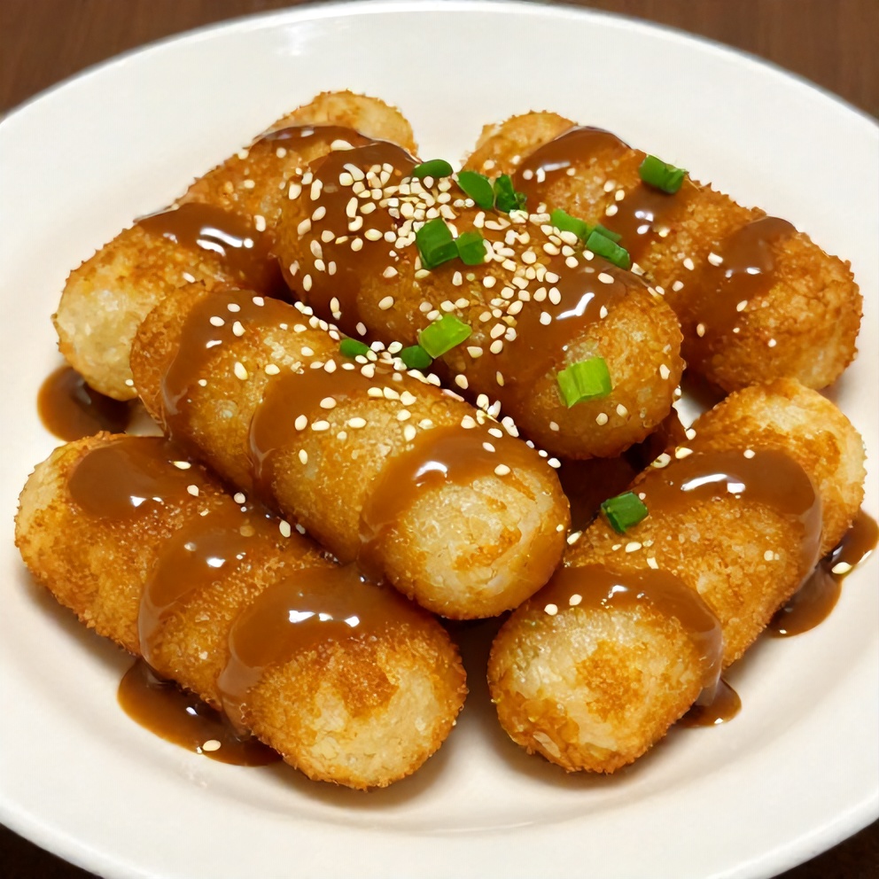 Plated Sweet Soy Butter Korean Rice Cakes on a white plate