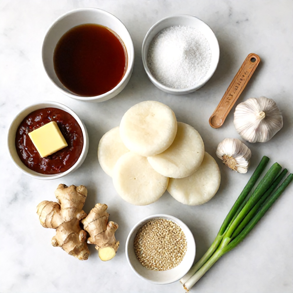 Raw ingredients for Sweet Soy Butter Korean Rice Cakes on a white marble surface