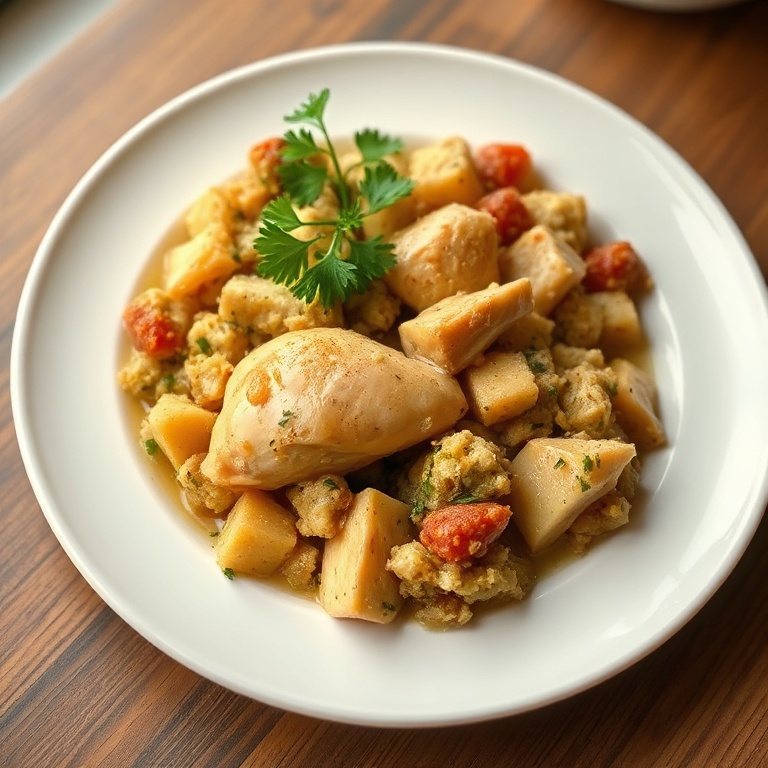 A perfect plated serving of crock pot chicken and stuffing. Fresh parsley as garnish. White ceramic plate with warm side lighting. Photorealistic food photography. No text. No watermark.