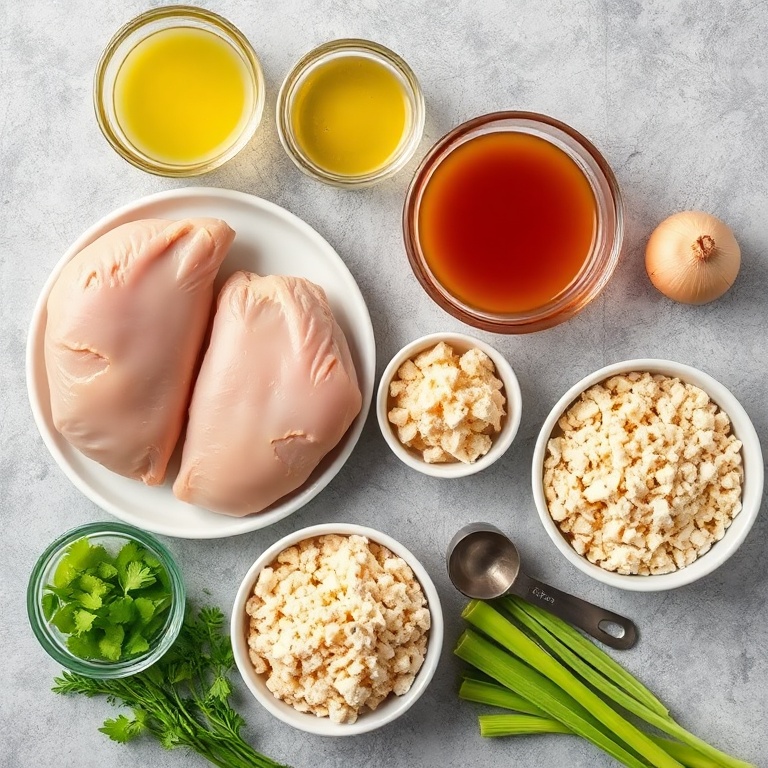 Raw ingredients for easy crock pot chicken and stuffing arranged in an overhead flat lay. Chicken breasts, chicken broth, bread stuffing mix, onion, and celery visible. Small prep bowls and measuring tools nearby. Bright even natural light. Photorealistic overhead food photography. No text. No watermark.