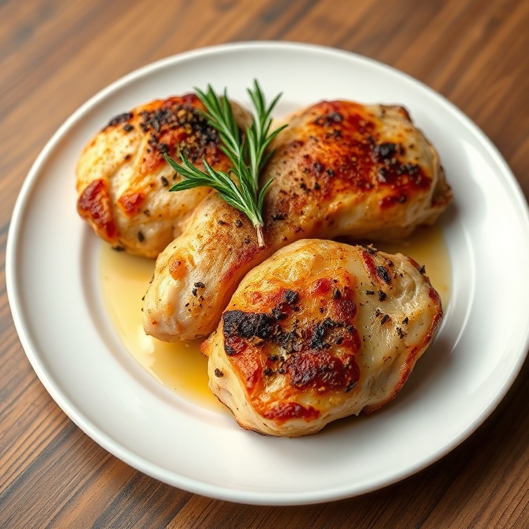 Plated chicken thighs with crispy skin. Garnished with fresh rosemary. White plate with warm side lighting.