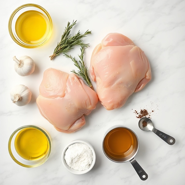 Chicken thighs, garlic, rosemary, olive oil, salt, and pepper arranged in a flat lay on white marble. Measuring spoons and bowls visible.