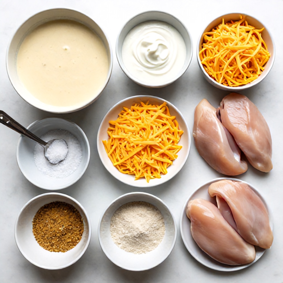 Raw ingredients for crock pot crack chicken arranged in a flat lay