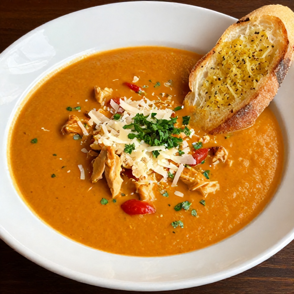 Bowl of Creamy Chicken Parmesan Soup with garlic bread