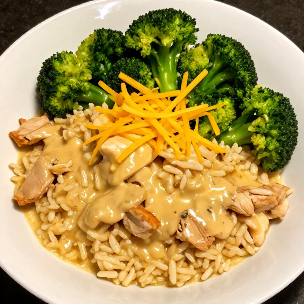 Plated crockpot broccoli cheddar chicken dinner