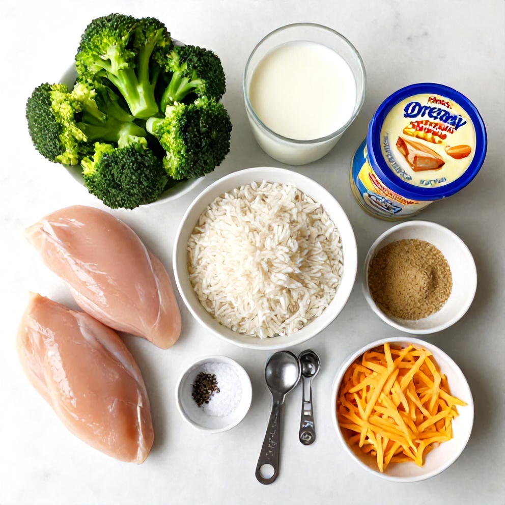 Raw ingredients for crockpot broccoli cheddar chicken