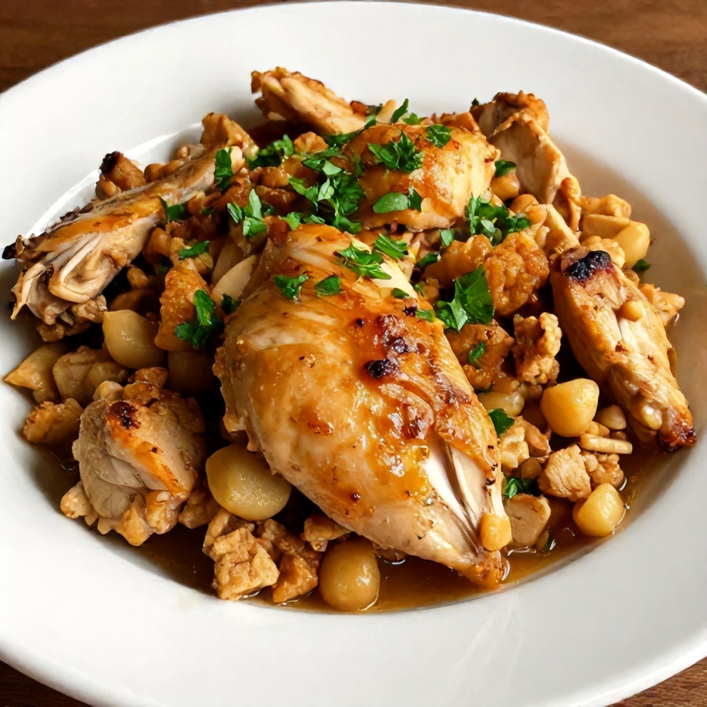 Plated Crockpot Chicken and Stuffing with parsley garnish