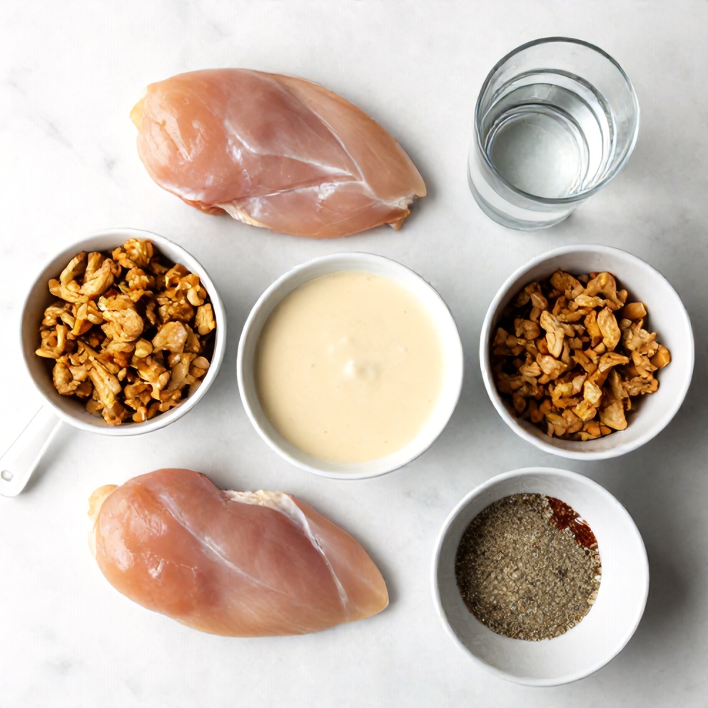 Raw ingredients for Crockpot Chicken and Stuffing on a white marble surface