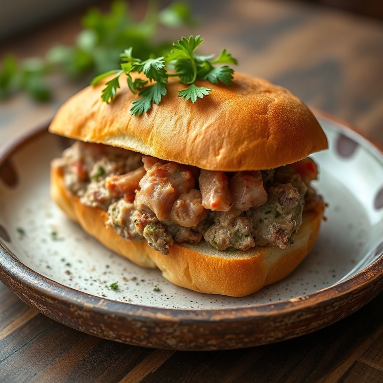 Perfect French dip sandwich on a rustic plate. Topped with fresh herbs. Close crop. Warm side lighting showing texture. Photorealistic food photography. No text. No watermark.