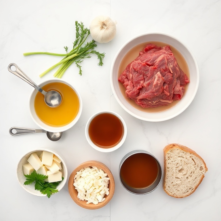 Raw beef, onion, garlic, broth, bread, cheese, and herbs arranged in an overhead flat lay. Measuring spoons and bowls visible. White marble surface. Bright even light. Photorealistic food photography. No text. No watermark.