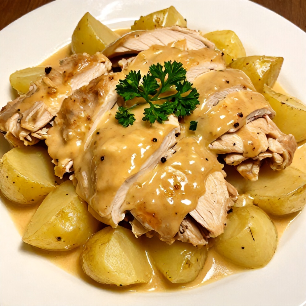 Plated crockpot garlic parmesan chicken and potatoes with fresh parsley garnish