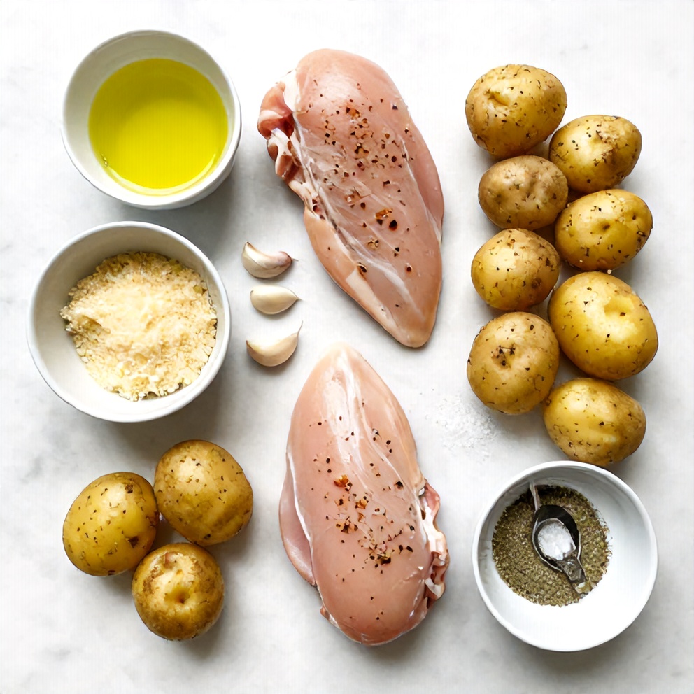 Crockpot garlic parmesan chicken and potatoes ingredients: chicken breasts, potatoes, garlic, parmesan, olive oil, salt, pepper, Italian seasoning