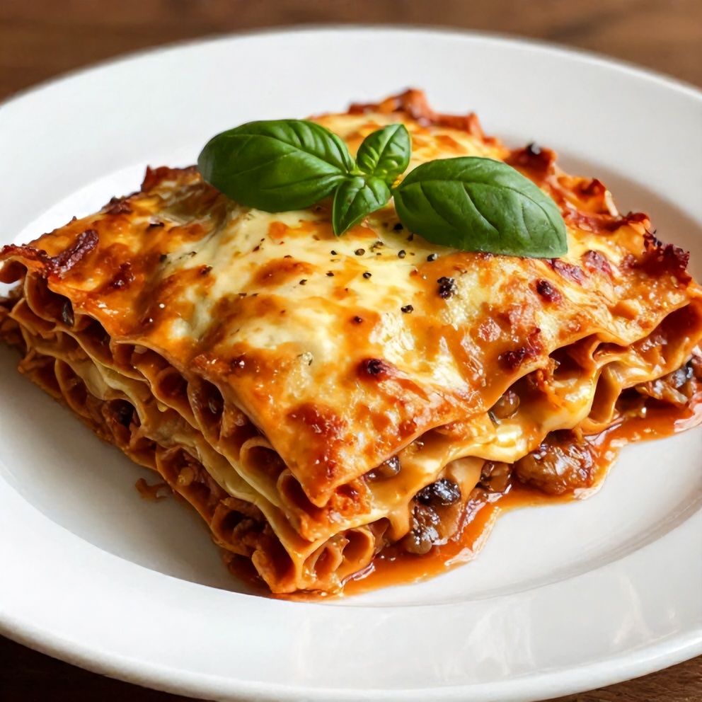 One perfect plated serving of Easy Crockpot Lasagna on a white plate, garnished with fresh basil. Close crop, warm side lighting highlighting texture. Photorealistic food photography.