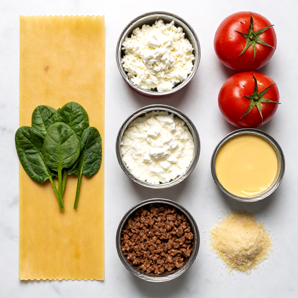 Overhead flat lay of raw ingredients for Easy Crockpot Lasagna: ground beef, lasagna noodles, ricotta cheese, spinach, onion, garlic, canned tomatoes, mozzarella cheese, parmesan cheese, and seasonings. White marble surface, bright even light. Photorealistic overhead food photography.