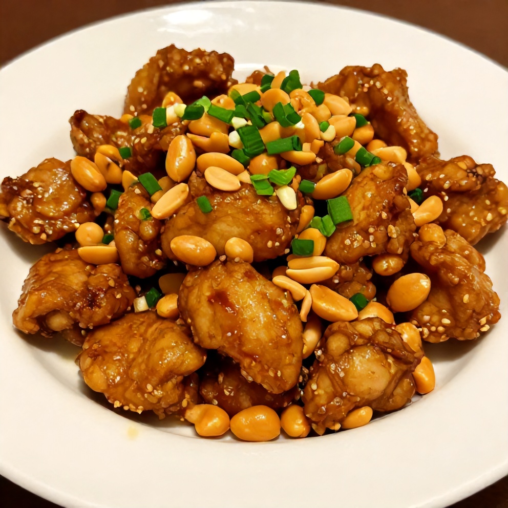 Plated Thai Peanut Chicken with green onions and peanuts, served on a white plate