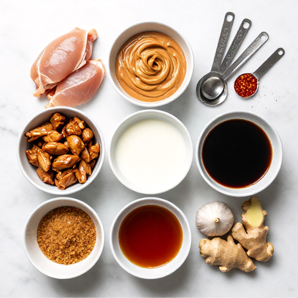 Raw ingredients for Thai Peanut Chicken in an overhead flat lay, including chicken, peanut butter, coconut milk, and spices