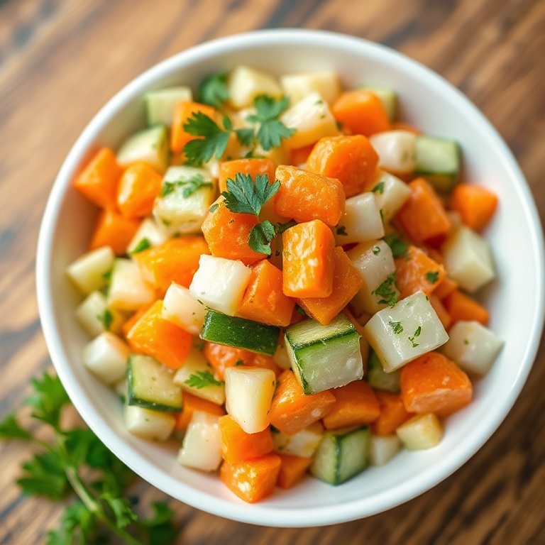 Plated serving of crunchy cucumber carrot celery salad garnished with fresh herbs in a white bowl