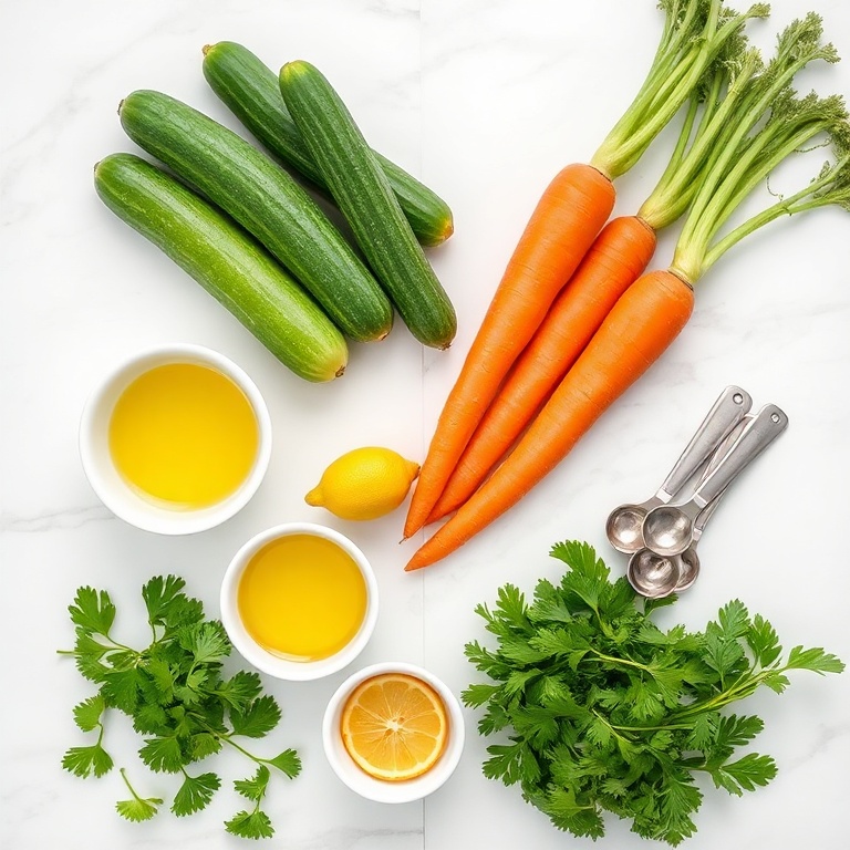 Overhead view of raw cucumbers, carrots, celery, lemon, and fresh herbs with measuring spoons on white marble surface