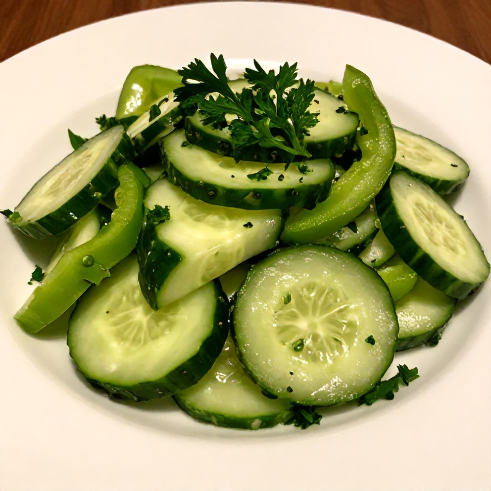 Plated Cucumber Sweet Pepper Salad with fresh parsley