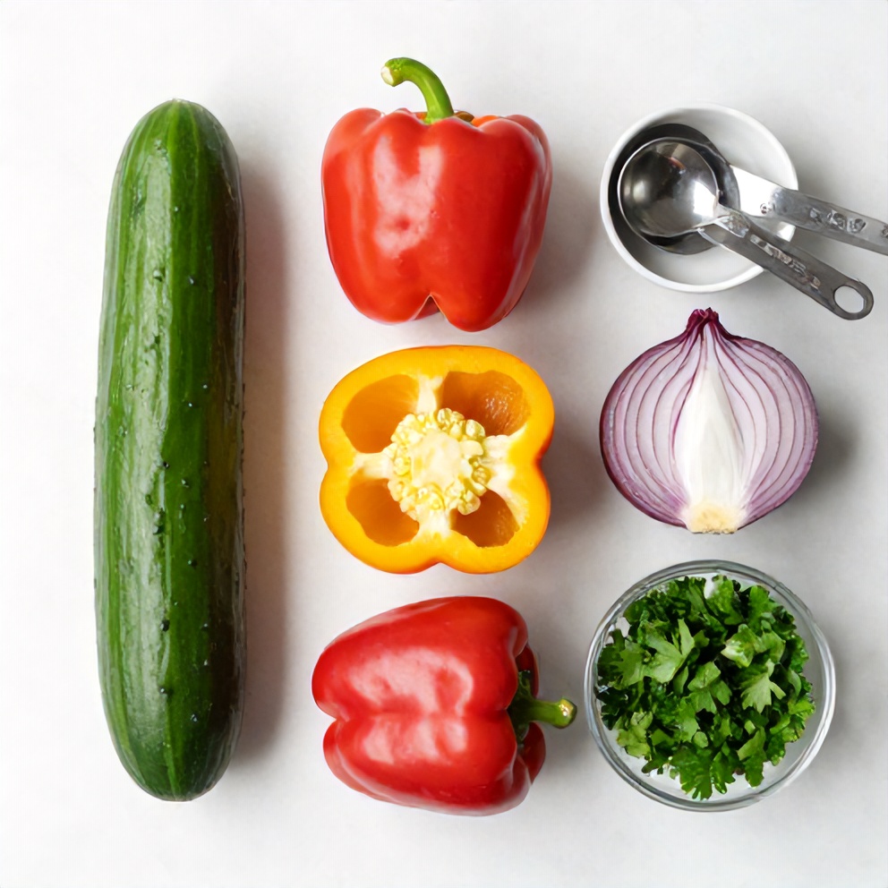 Raw ingredients for Cucumber Sweet Pepper Salad on a marble surface