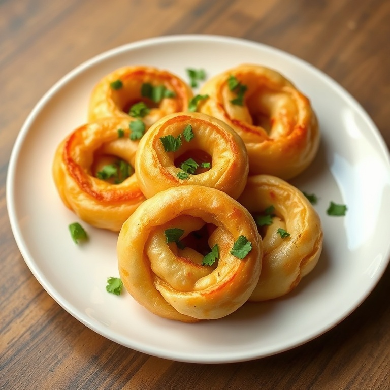 A plated serving of crispy dabeli puff pastry swirls garnished with fresh cilantro on a white plate with warm side lighting