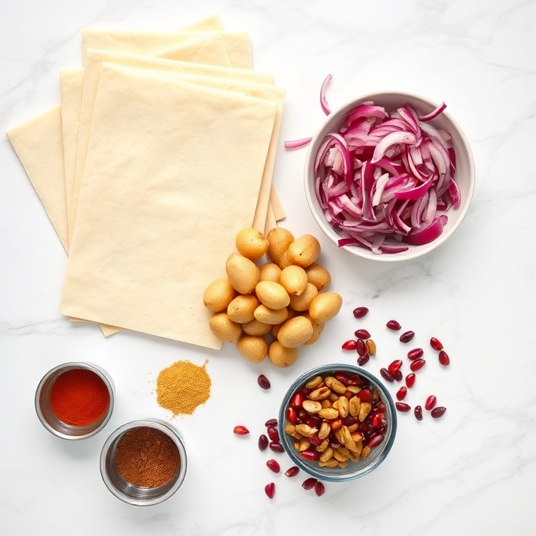 Raw ingredients for dabeli puff pastry swirls including puff pastry sheets, potatoes, spices, peanuts, and pomegranate seeds arranged overhead