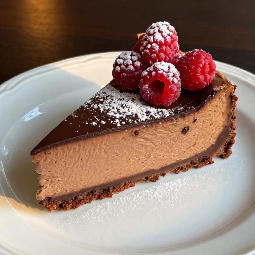 Sliced Dark Chocolate Raspberry Cheesecake
