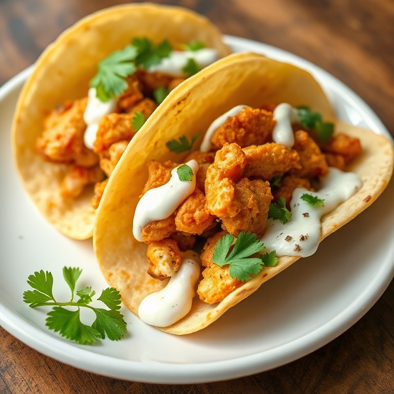 Tacos filled with crispy chicken, dill pickle ranch sauce, and fresh toppings on a white plate