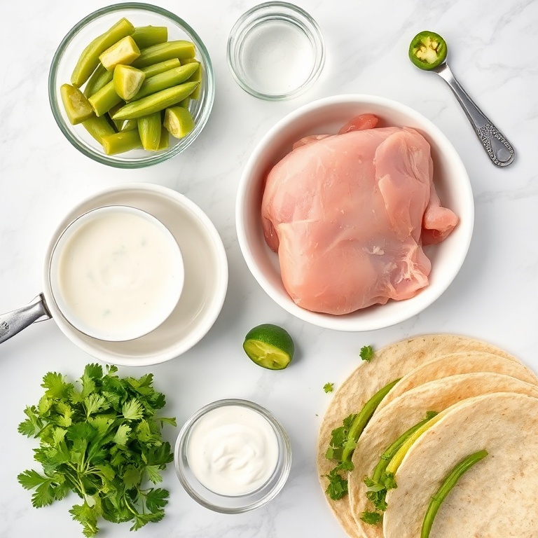 Raw chicken, dill pickles, ranch dressing, tortillas, cilantro, jalapeños, and lime