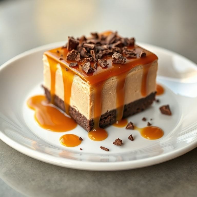 Plated fondant baulois dessert garnished with caramel drizzle and chocolate shards on a white plate with warm side lighting