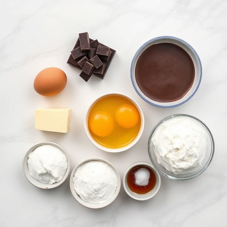 Overhead flat lay of raw ingredients including chocolate, caramel, eggs, flour, butter, sugar with measuring spoons and bowls on white marble surface