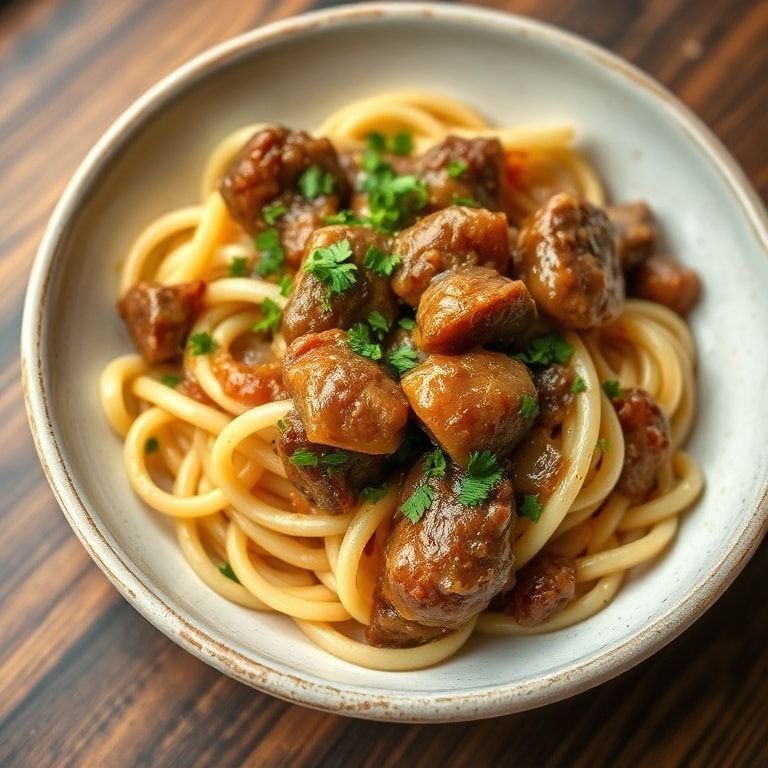 One plated serving of French onion beef and noodles garnished with fresh parsley on a white bowl