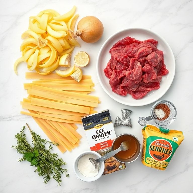 Overhead flat lay of raw ingredients including beef, onions, egg noodles, broth, and thyme with measuring spoons and prep bowls