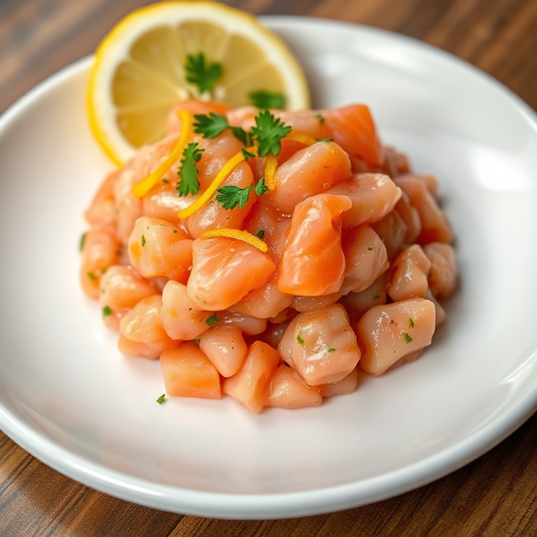 Single plated serving of fresh salmon tartare garnished with lemon zest on a white ceramic plate with warm side lighting